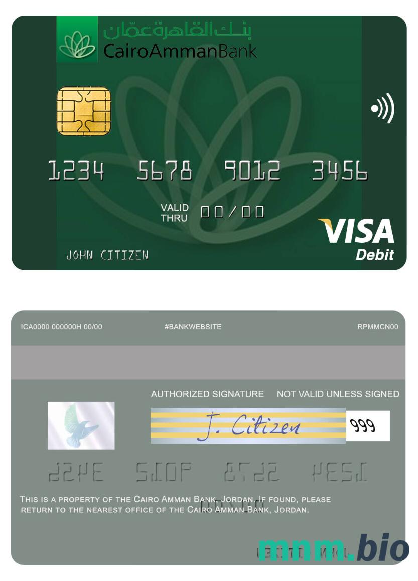 Jordan Cairo Amman Bank visa debet karta przykład w formacie PSD